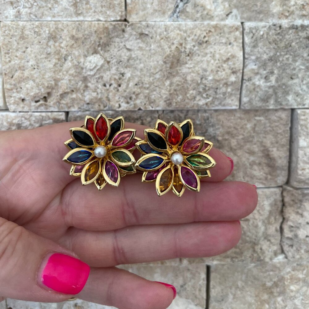 Colorful Crystal Flower Clip-On Earrings